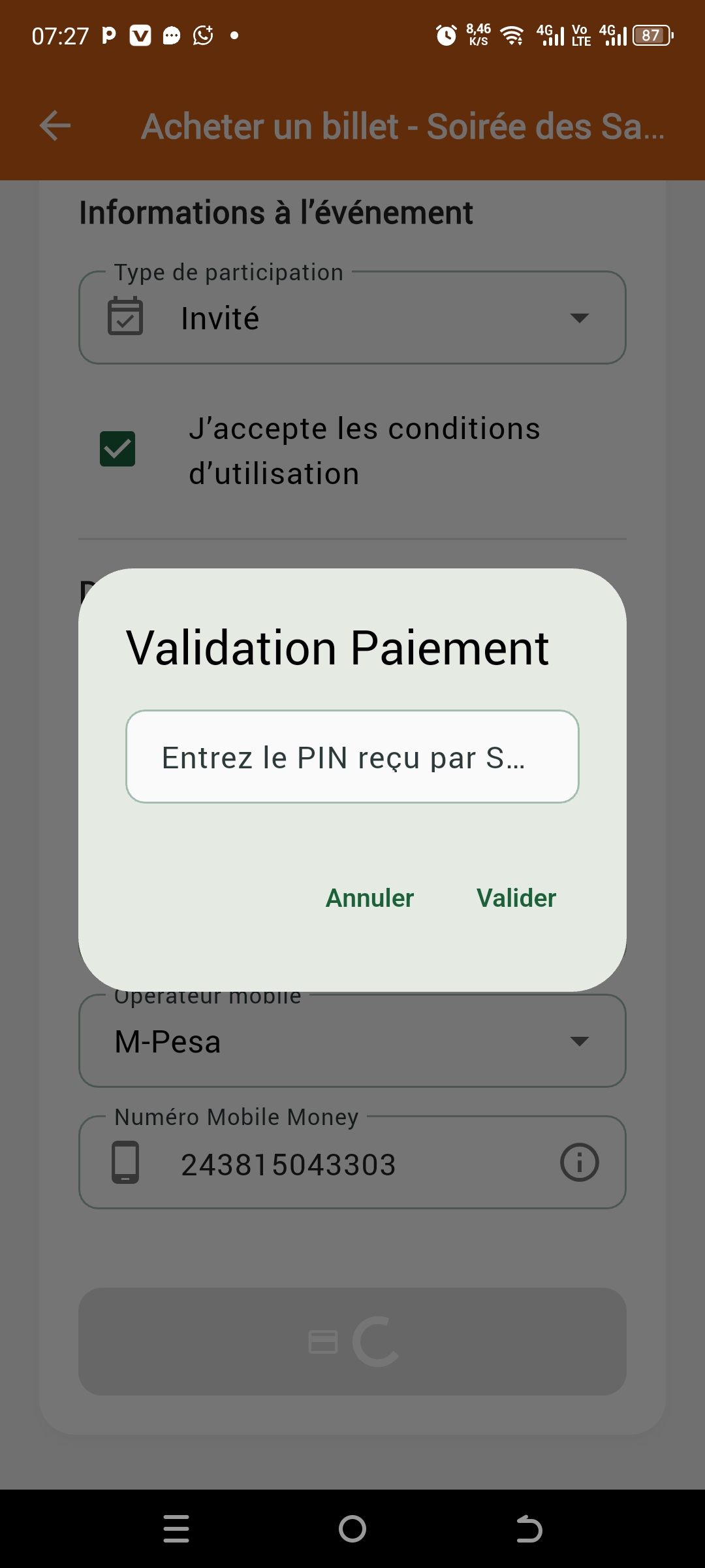 Code de confirmation paiement