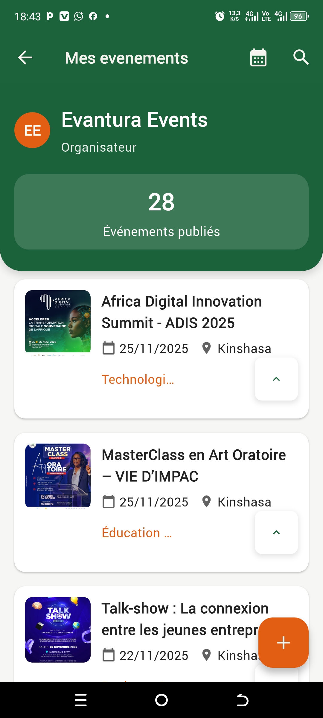 Liste des événements organisateur